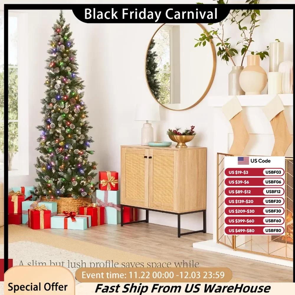 12 Foot Pre Installed Pencil Christmas Tree, Partially Covered and Frosted Slimming Holiday Tree Decorative Strip 2-in-1 Light