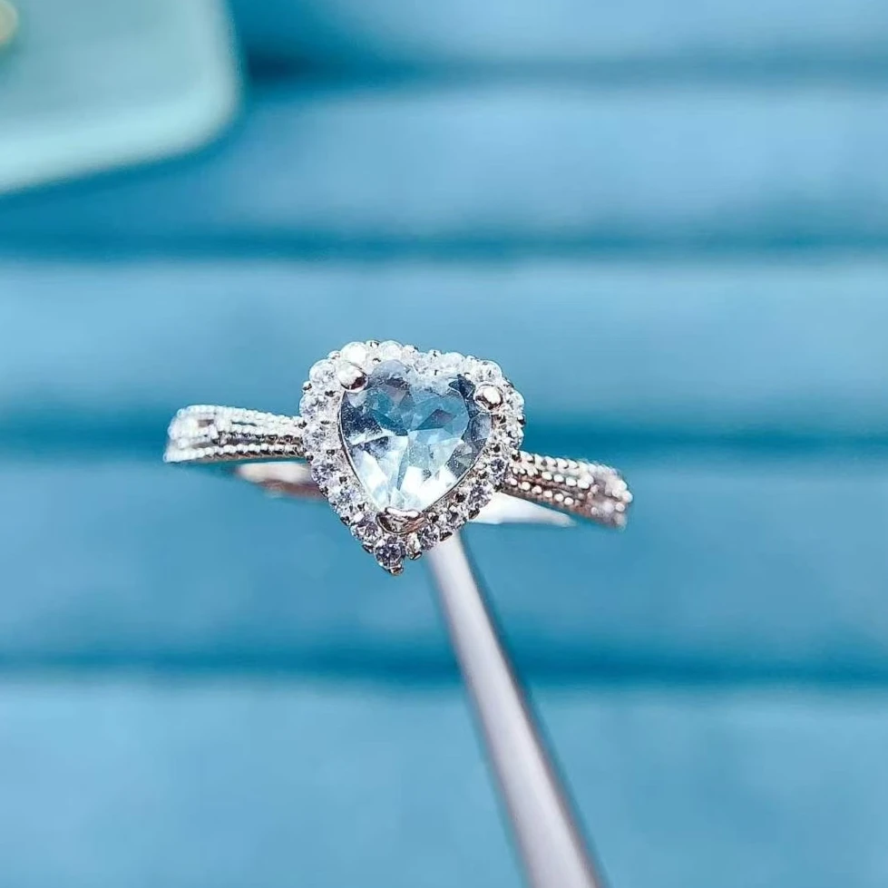 Heart Gemstone 925 Silver Ring 6mm Natural Aquamarine Ring with Certificate Gold Plated Silver Aquamarine Jewelry for Women