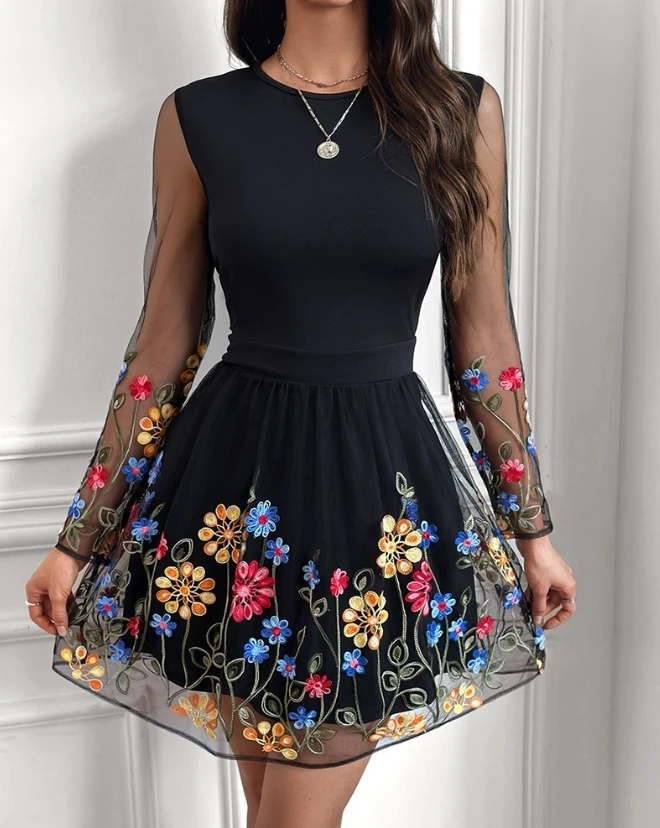 2024 Autumn Winter Spring New Fashion Casual Sexy Dresses for Women Elegant Floral Embroidery Sheer Mesh Patch Long Sleeve Dress