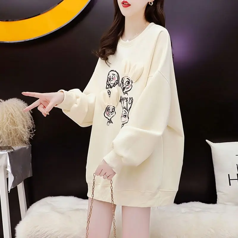 Minimal Design Sense Sweatshirts Women Early Spring 2023 Loose Rabbit Embroidery Small Versatile O Neck Sweatshirt Female Top