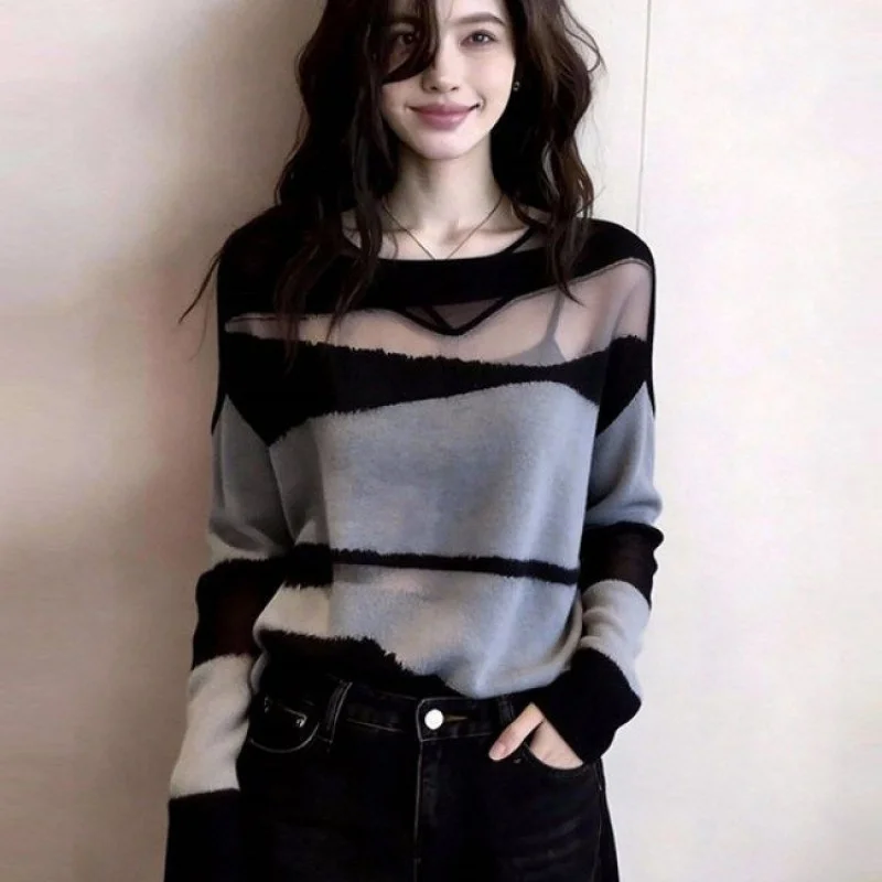Womens Striped Sheer Knit Pullover Top Long Sleeve See Through Mesh Sweater Casual Tee for Spring Autumn Wear