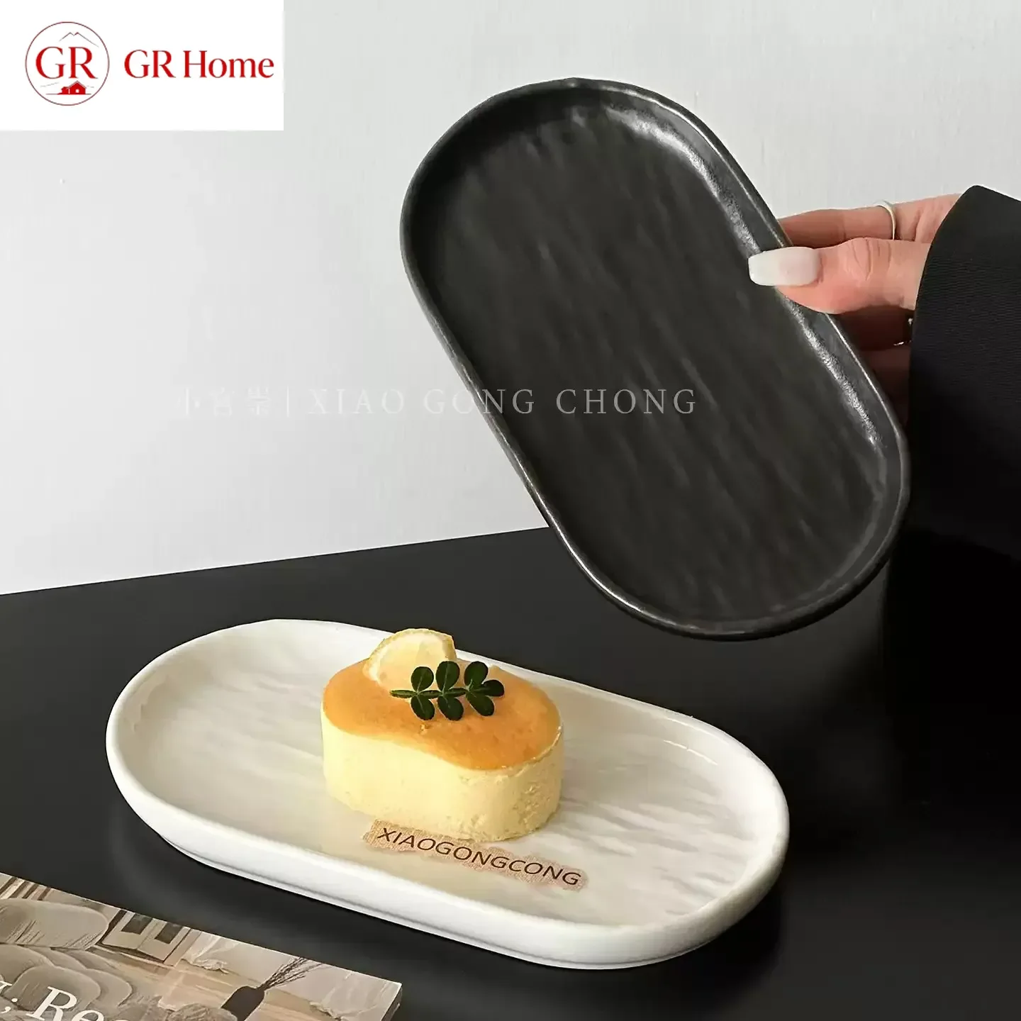 Marble-patterned ceramic cake plate, snack plate, ins-style elegant oval tray for afternoon tea and desserts