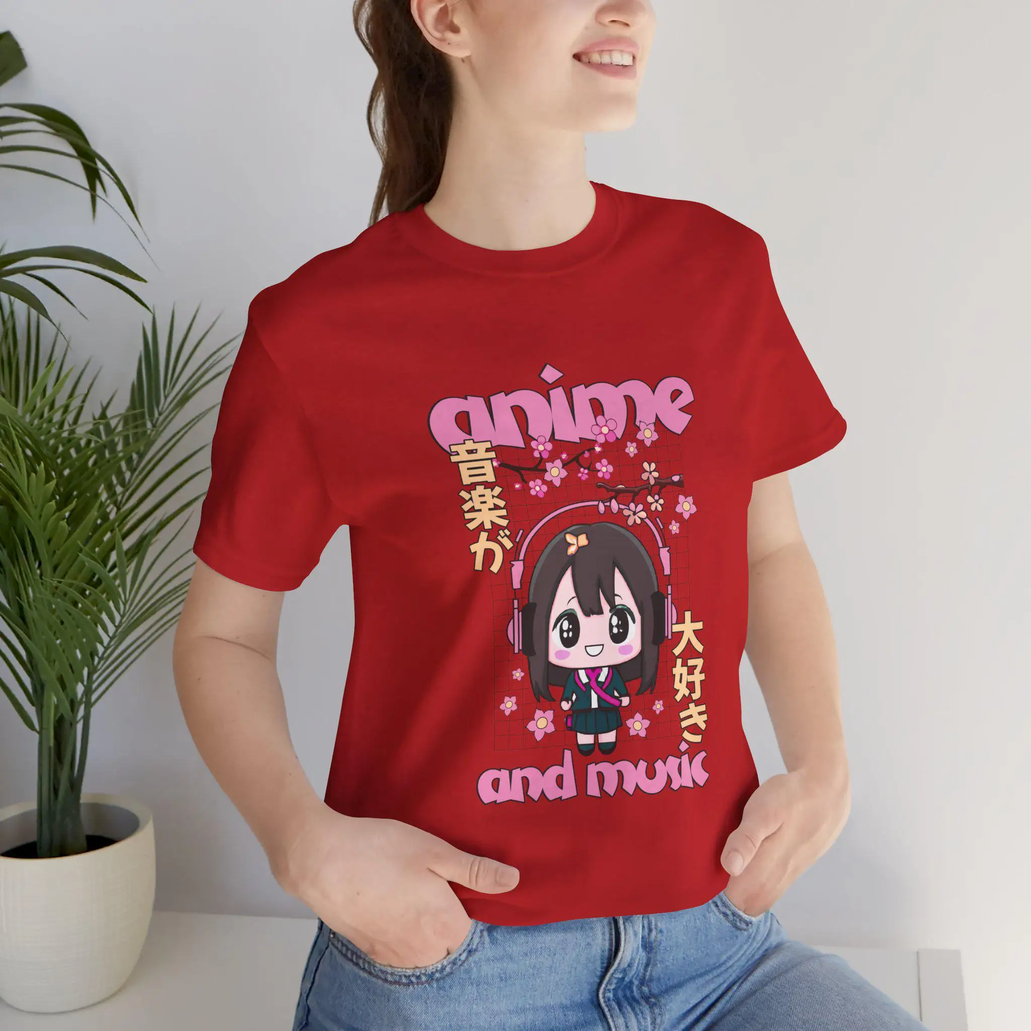 Anime and Music Chibi Girl T-shirt Women Kawaii Sakura Cherry Blossom Japanese Kanji Print Short Sleeve Casual Cotton Tee