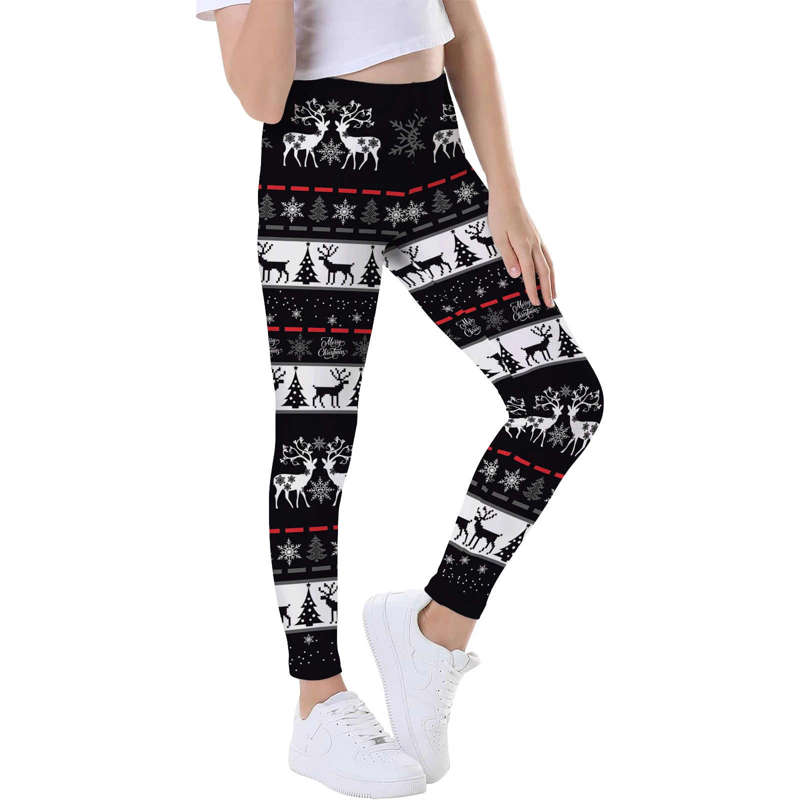 Girl Leggings Elf Christmas Pants Santa Claus Cosplay Costume Xmas Stripe Snowflake Elk Print Cute Tights Trousers Party Pants