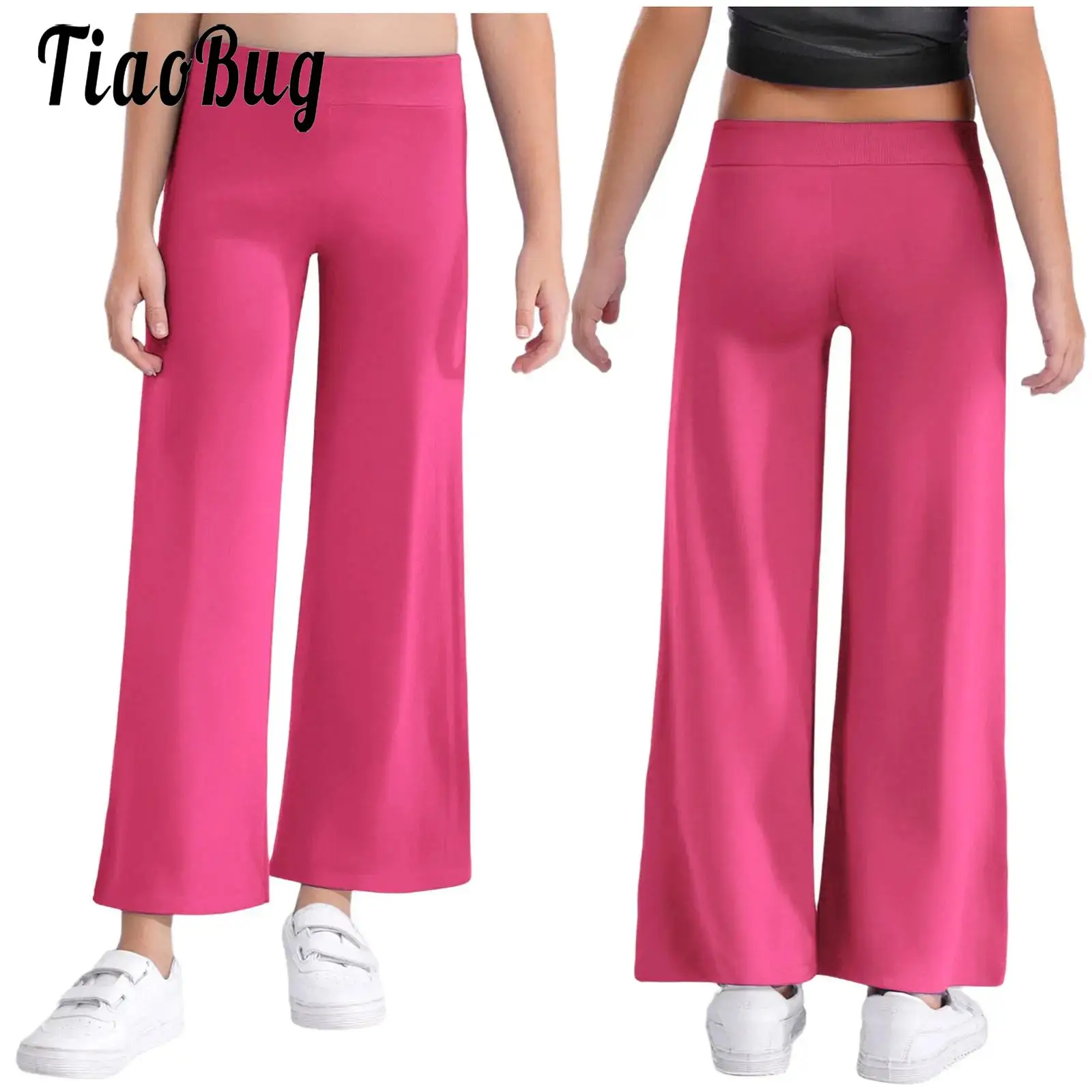 

Girls Wide-Leg Long Pants Sport Workout Dancewear Solid Color Elastic Waistband Pants for Liturgical Lyrical Dance Performance