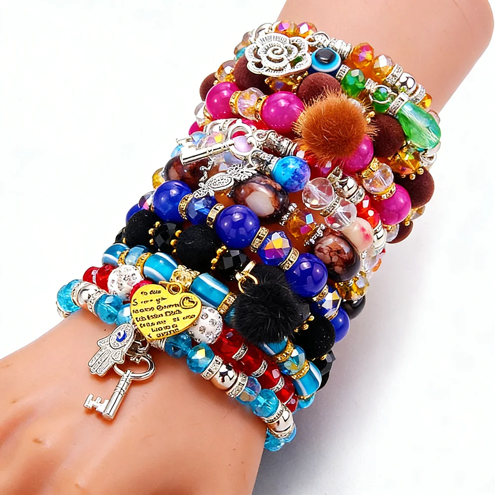 10pcs/set Natural Stone Charms Bracelet Elastic Bracelet Colorful Glass Beads Bracelet For Women Girls Fashion Jewelry Gifts