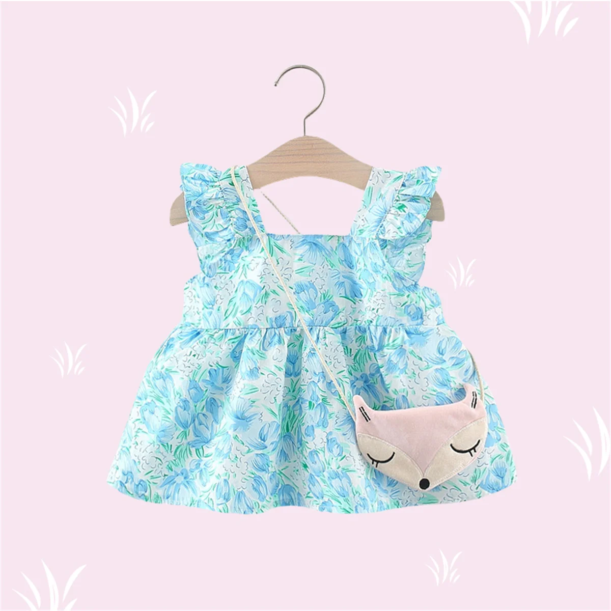 2-Piece Summer Baby Dress+Cartoon Bag Little Girl Open Back Strap Flower Skirt Toddler Comfortable Casual Sleeveless Skirt