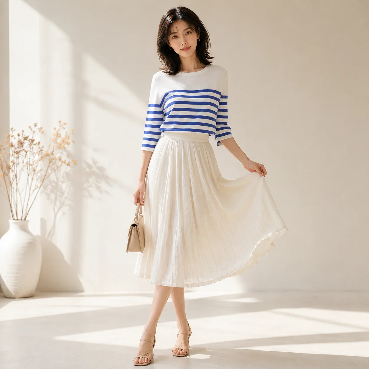 Women's Summer round Neck Pullover Thin Striped Knit Top Silk Loose Fit plus Size Base Layer T-Sweater