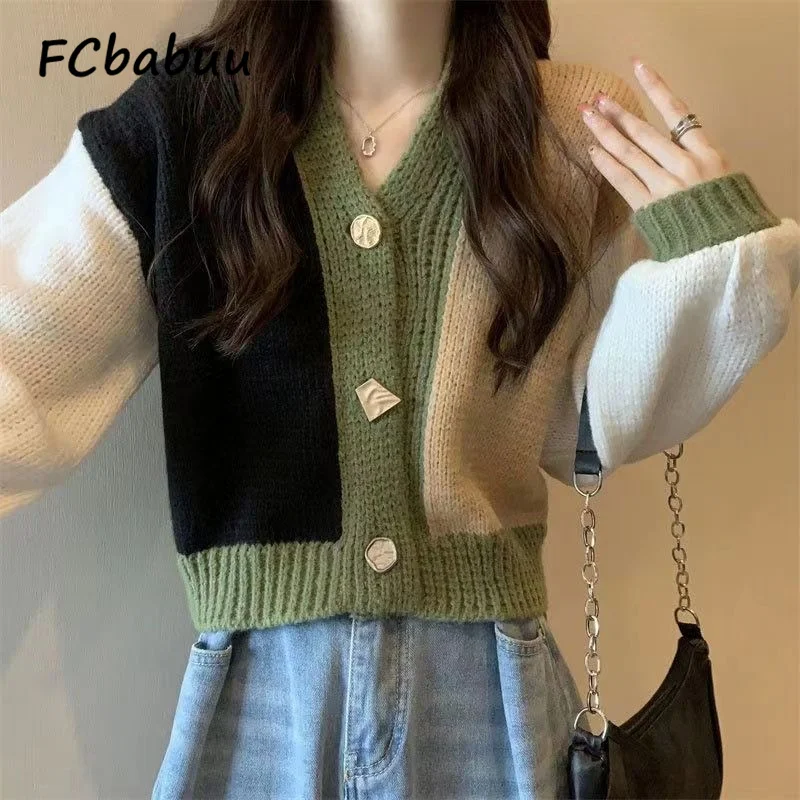 Chic Patchwork Colorful Sweater Cardigans for Woman Autumn Winter Short Coats V Neck Single Breasted Cropped Cardigan Tops