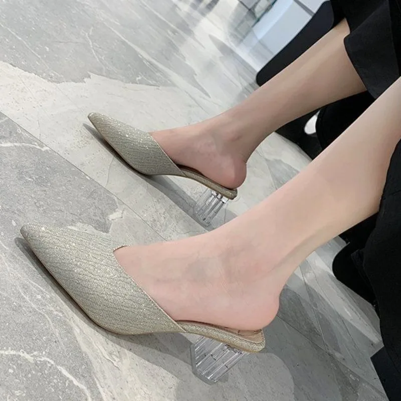 

Women Summer Transparent Closed Toe Half Slippers Pointed Toe Chunky High Heels Crystal Heel Trendy Fashionable Outdoor Sandals