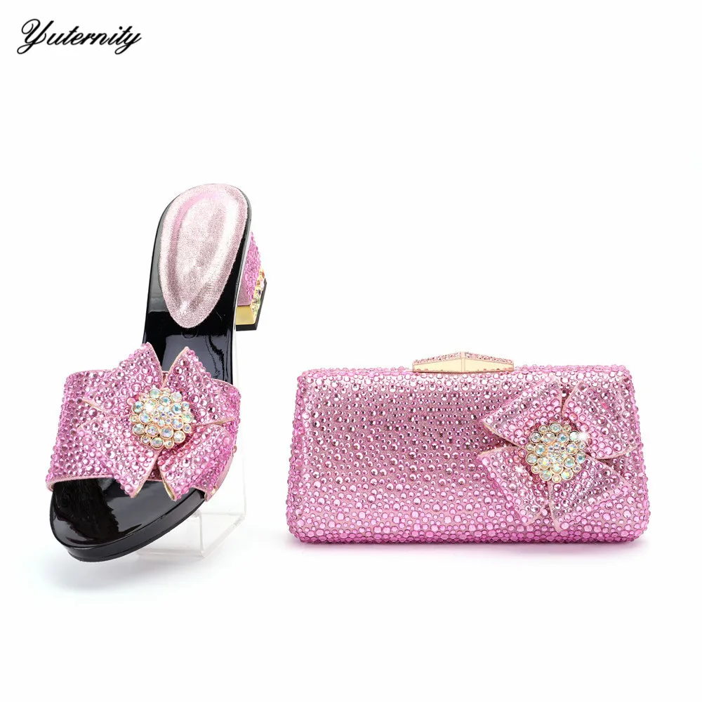 Italian Rhinestone Ladies Slipper Pink Shoes With Matching Bags High Quality African Pumps Shoes And Bags Set For Wedding Dress