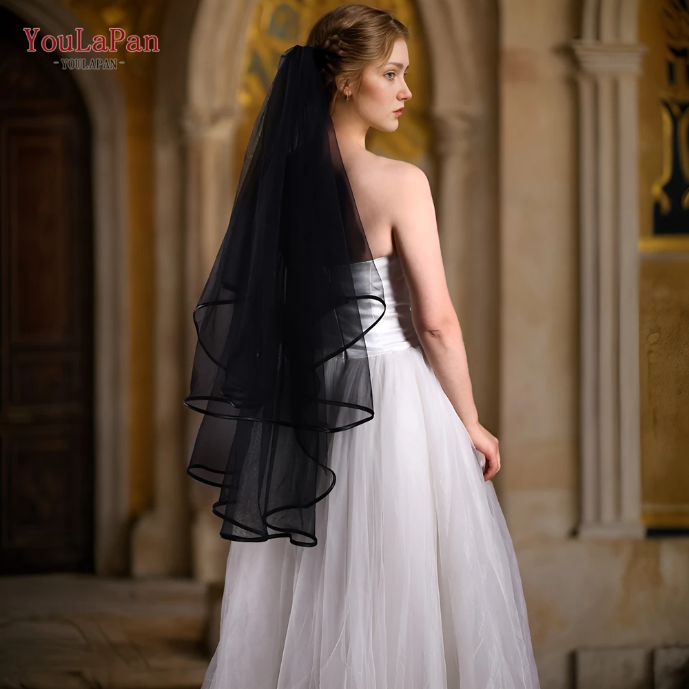 YouLaPan Black Double Wedding Veil With Hair Comb Ribbon Edge Soft Personality Bridal Veil Bachelorette Party Ornament V214