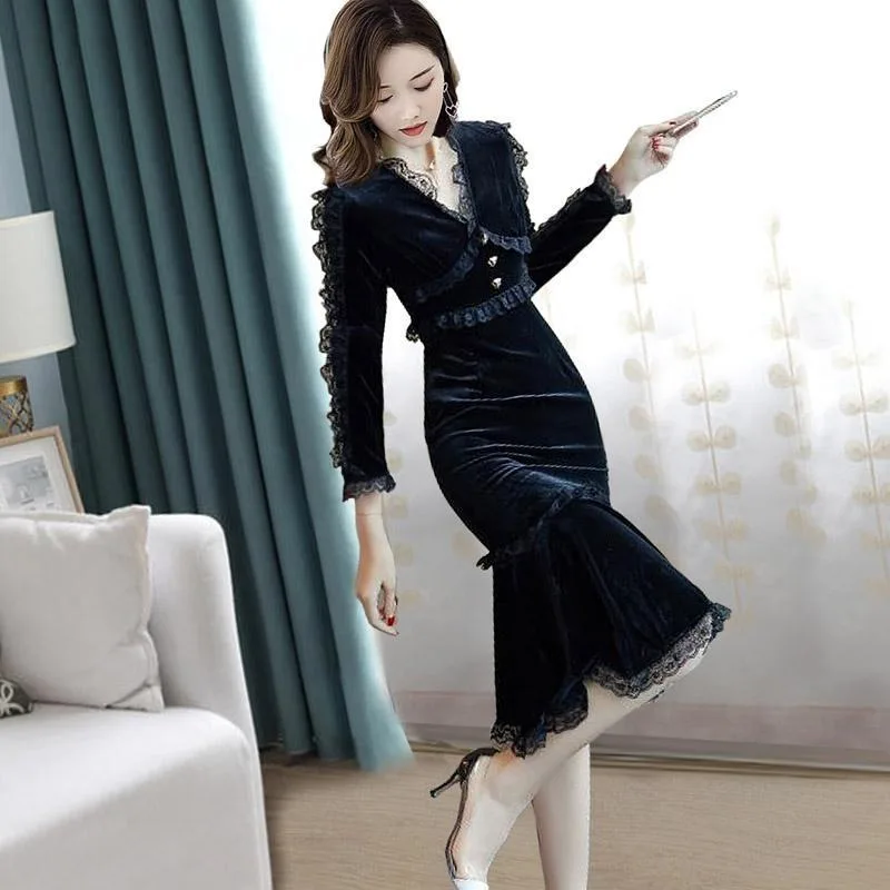 2023 Autumn Winter New Gold Velvet Base Skirt Women Slim Black Velvet Long Sleeves Dress Temperament Package Hip Fishtail Skirt