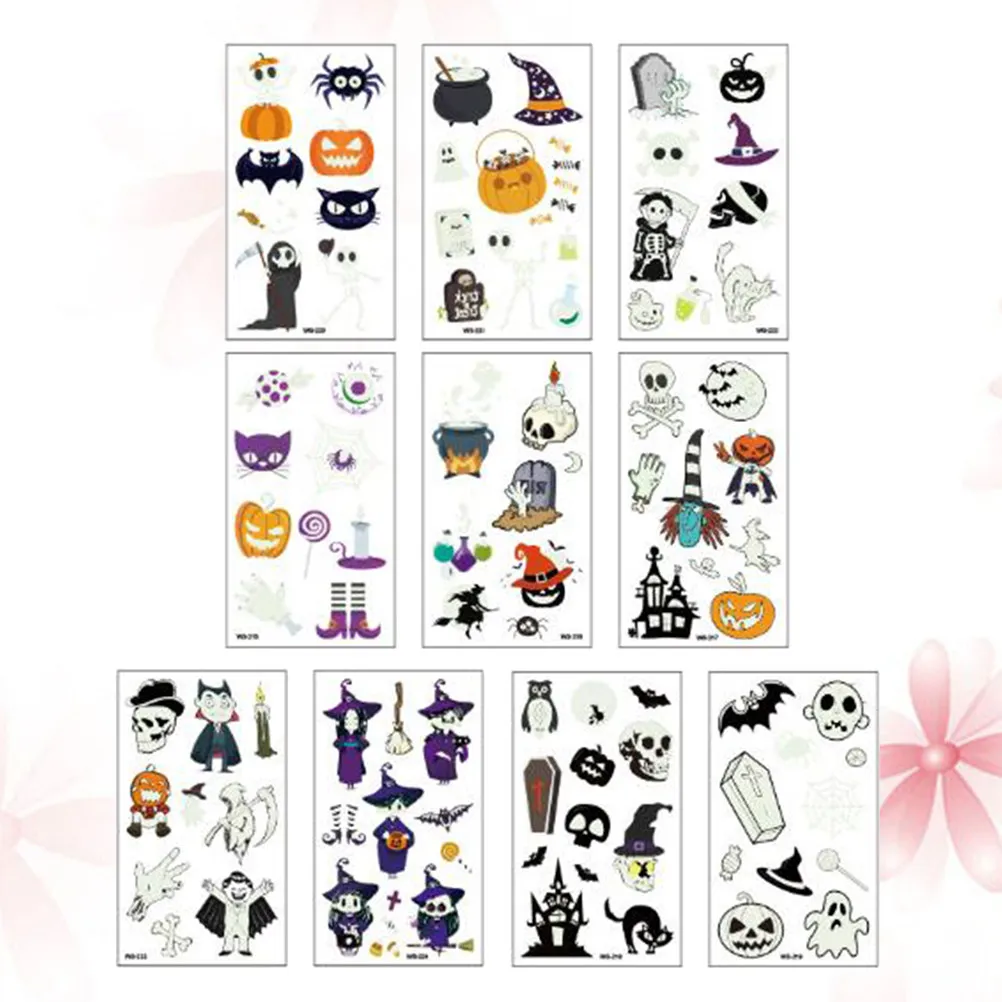 

10 листов временных татуировок на Хэллоуин, светящихся в темноте, безопасных для детей, с милыми пауками, забавные аксессуары для тела, мультяшные