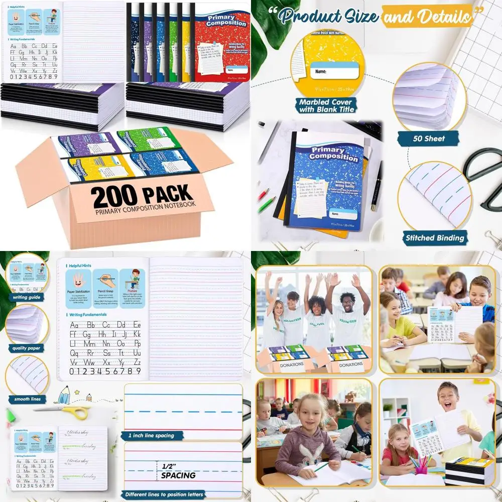 

50-Sheet Multicolored Primary Ruled Notebooks for Kids, 7.5 x 9.75, Ideal for K-2, 200 Pack