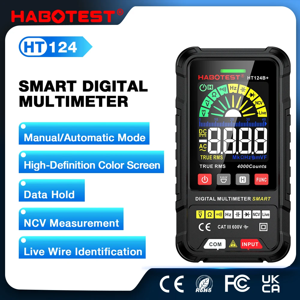 HABOTEST HT124 Series Digital Smart Multimeter 4000 Counts Auto Range Tester Ohm Hz Capacitance True RMS AC DC DMM Multitester