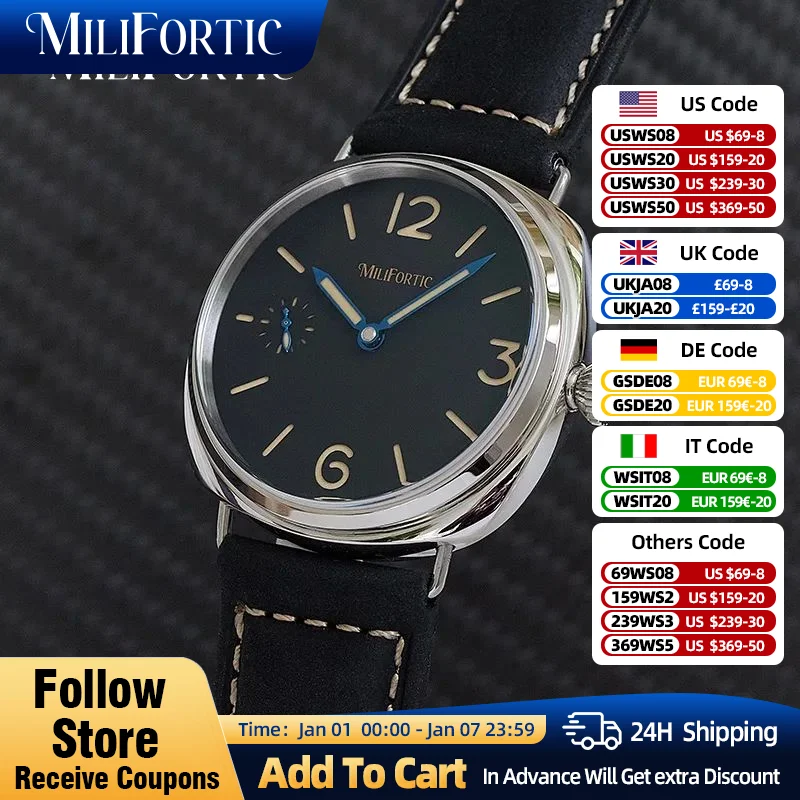 Milifortic Retro Watches 44MM Sandwich Dial Seagull ST3600 Sapphire Crystal Display-caseback Manual Winding Mechanical Watches