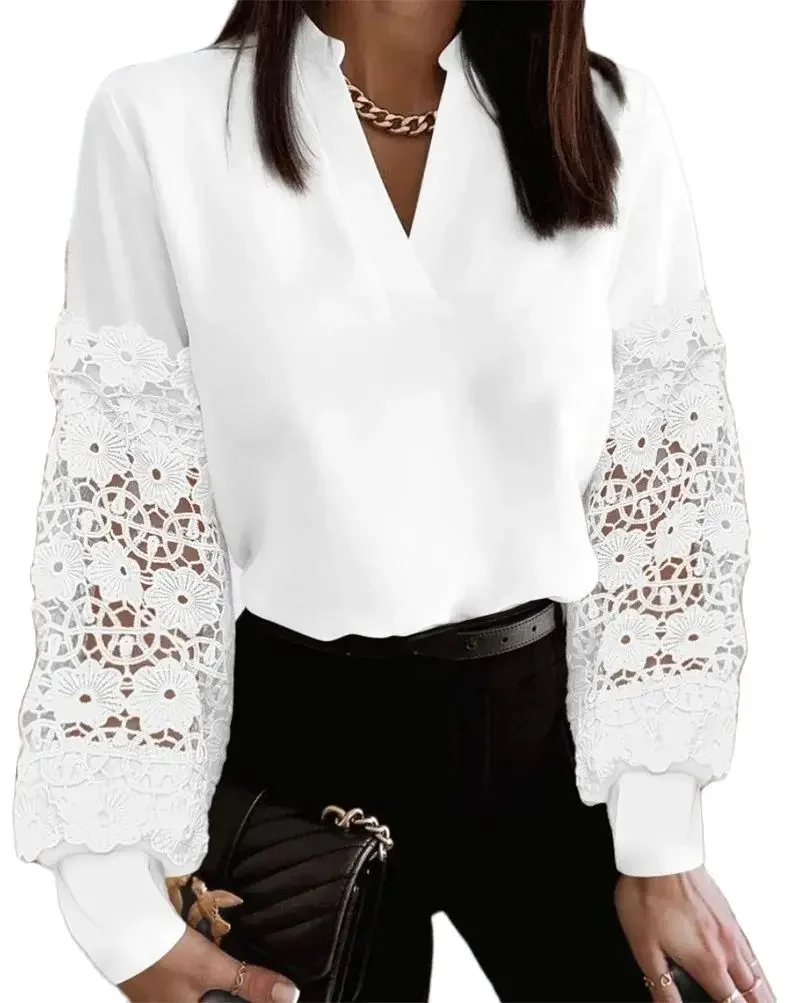 Fashion Women See-through Lace Long Sleeve Shirt Spring Autumn V Neck Pullover Blouse Elegant Female Office Commuter Casual Tops