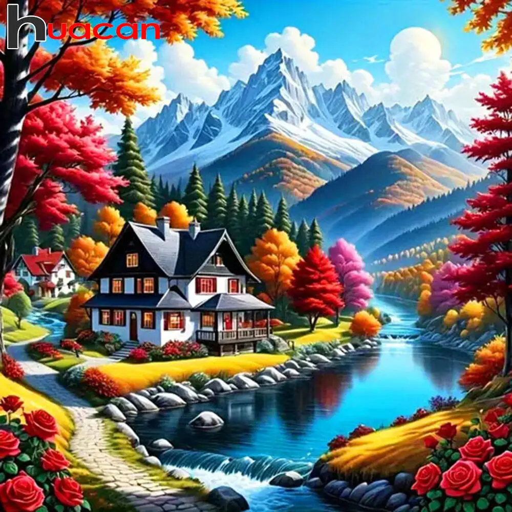 Huacan 5D-Diamantgemälde, Berghaus, Diamantmosaik, Landschaft, komplettes Set, dekorative Gemälde