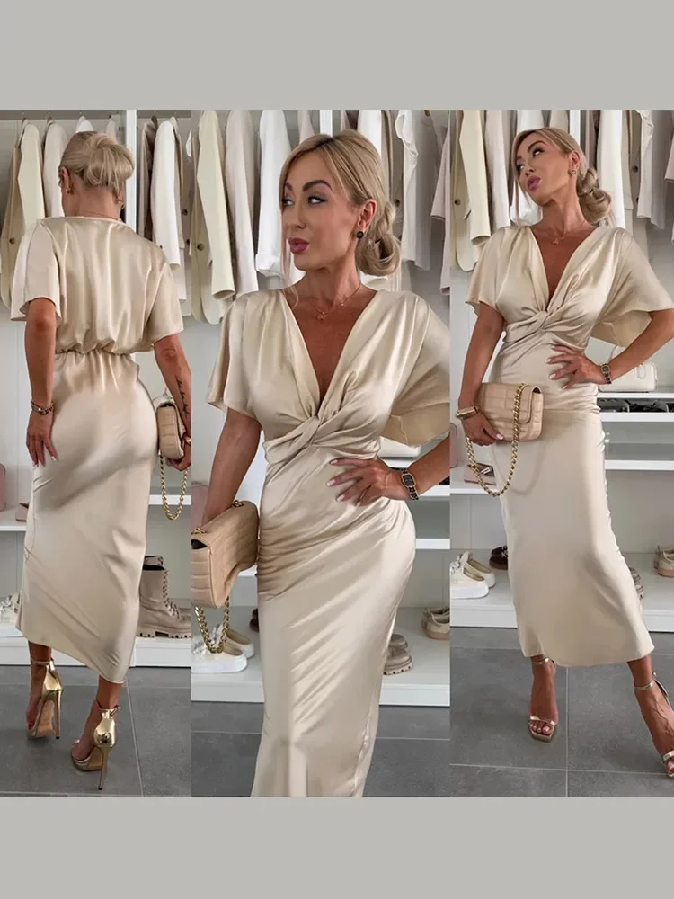 أنيقة الساتان الخامس الرقبة قصيرة الأكمام ماكسي فساتين النساء الصلبة عالية الخصر Bodycon فستان طويل سيدة شيك حفلة الشارع فيستدوس #2