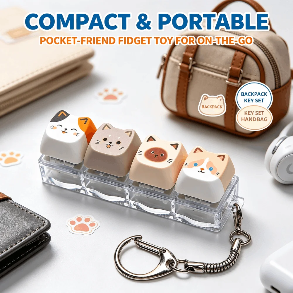 Kawaii Cat 4-Key Mechanical Switch Fidget Keycap Toy, Portable Tactile Clicker Fidget Keychain, Cute Bag Charm Stress Relief Toy
