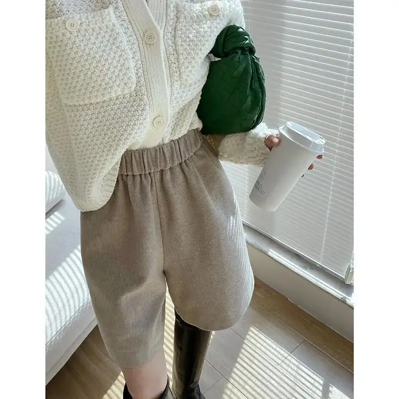 Elastic High Waist Woolen Short Pants Women's Winter Design Casual Bootcut A-Line Outerwear Versatile Wide Leg Pants