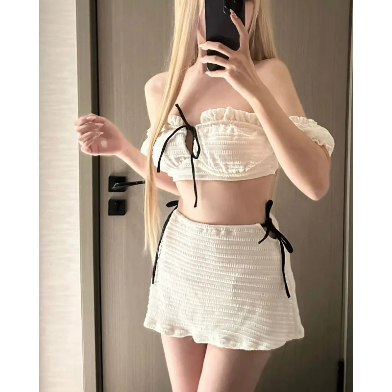 Women's 4 Piece White Textured Bikini Set Ruffled Bandeau Top with High Waist Shorts Sarong