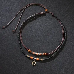 Men's Necklace Vintage Antique Color Heart Leather Necklace for Women Unisex Boho Leather Necklace Bohemian Long Necklace