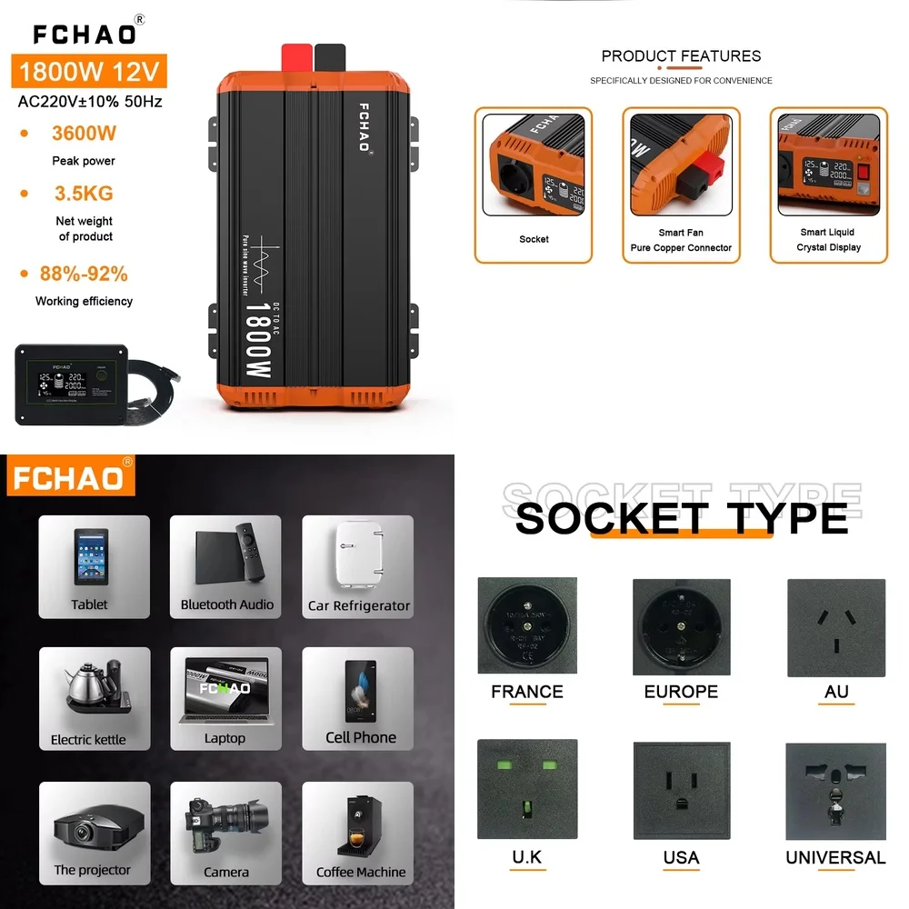 1800W Power Inverter DC 12V to AC 110V 230V Voltage Converter with EU Socket LCD Display for RV Car Home Appliances for FCHAO
