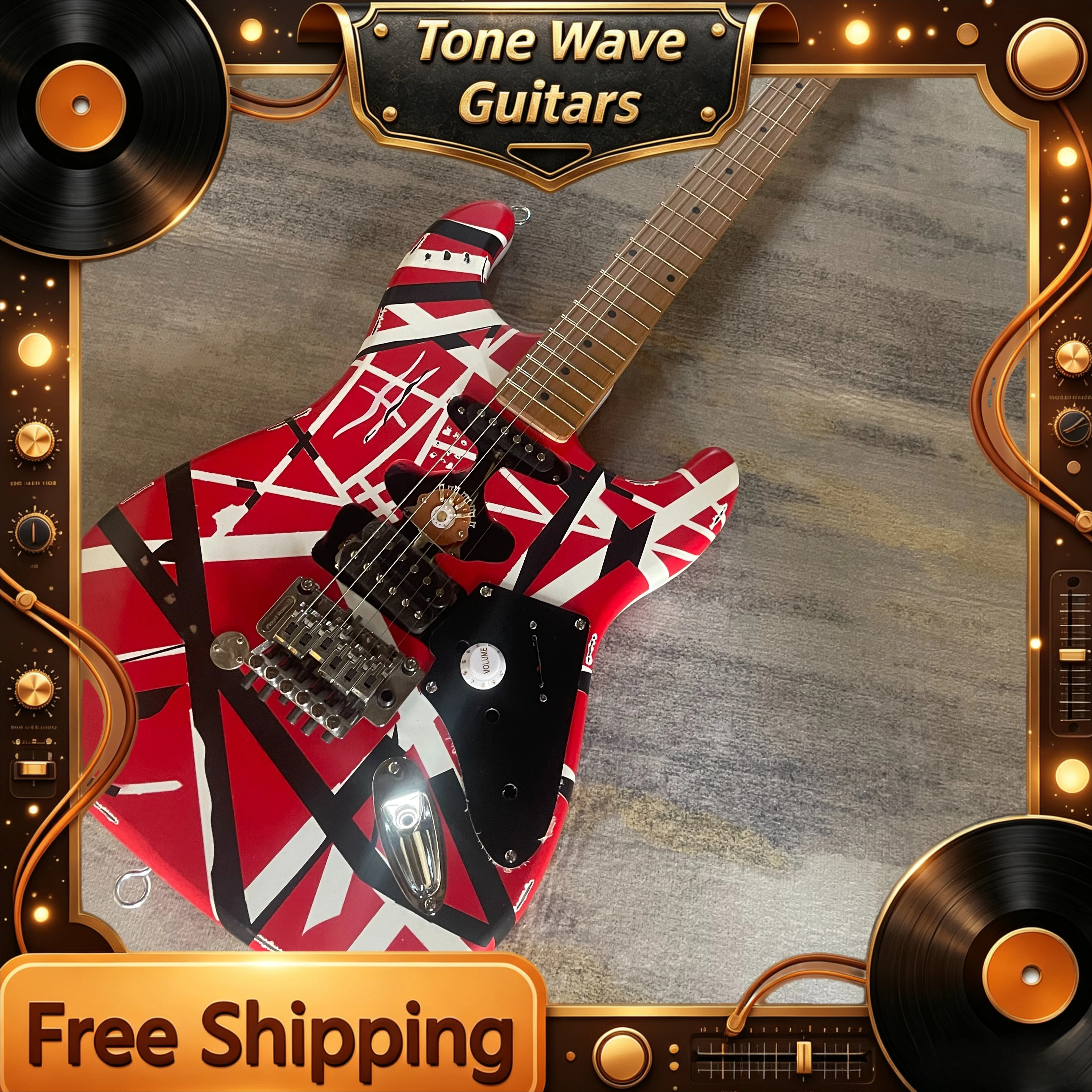 Factory Direct Red Background Black and White Stripes Van Halen Style STwe09 Double Rocking Electric Guitar Free Shipping