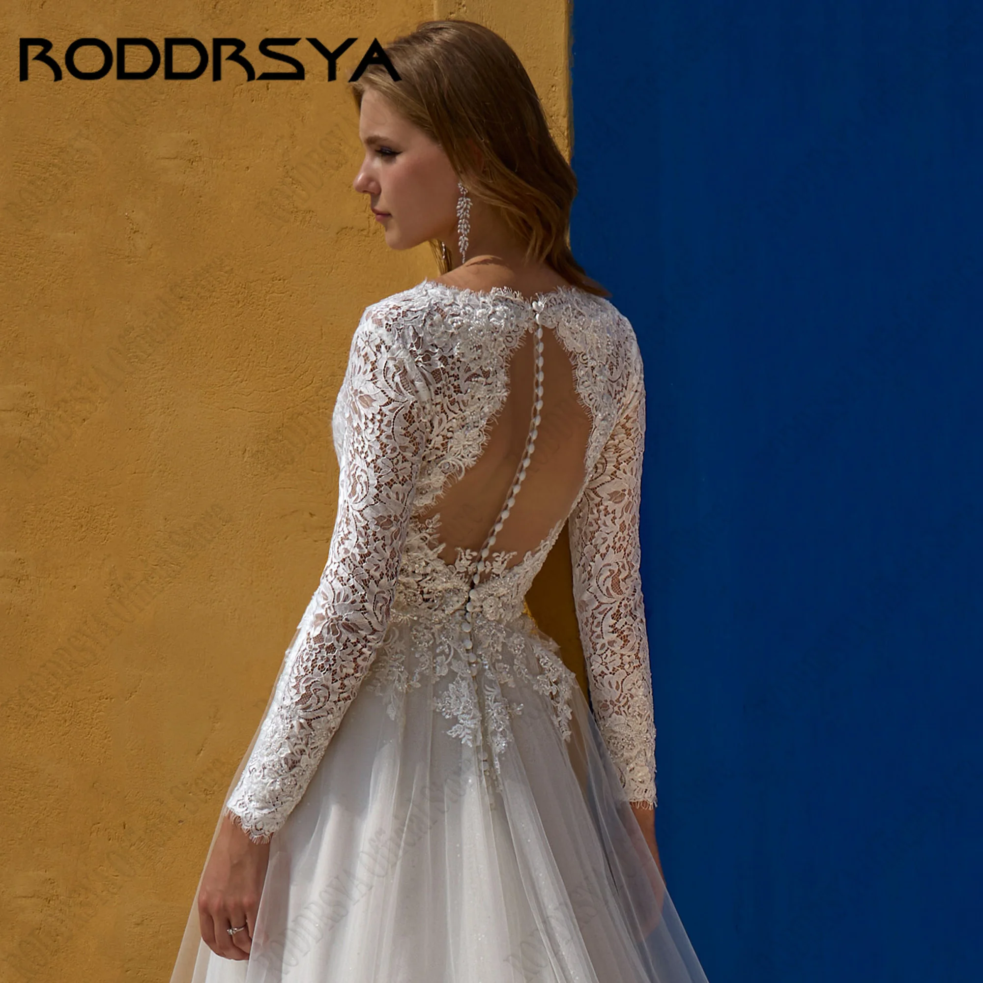 RODDRSYA Vintage Lace Wedding Gowns V Neck Side Split Applique Bride Gowns Long Sleeves Bridal Dresses 2024 A-Line Backless