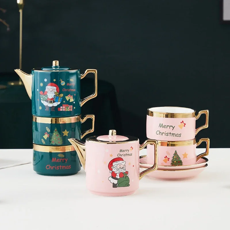 Cartoon Christmas Elk Tea Pot Cup and Saucer Set Cute Coffee Mug with Gift Box Personalized Drinkware Xtmas Gift for Couple