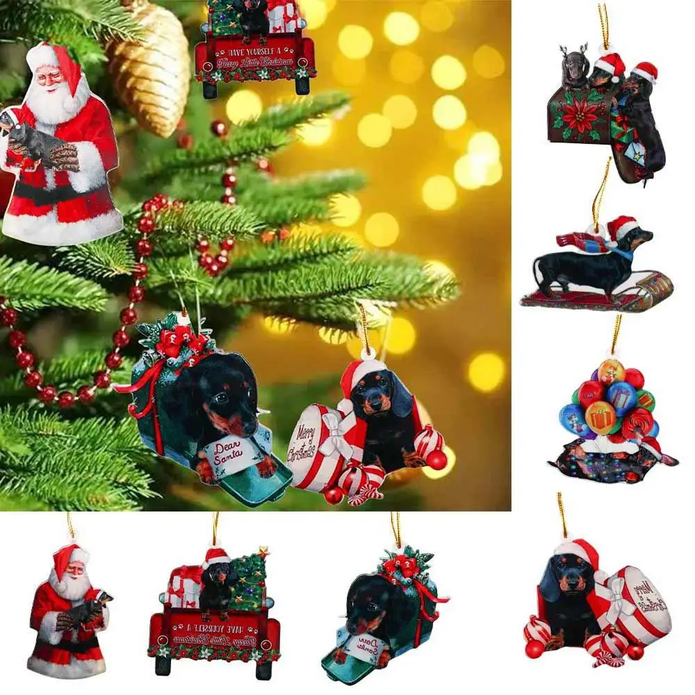 2D Dachshund Pendant Double Sided Acrylic Christmas Hanger Oranments Merry Christmas Dachshund Acrylic Christmas Dog Pendants