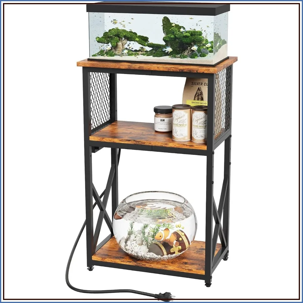 10 Gallon Fish Tank Stand with Power Outlet, 3 Tier Aquarium Stand, Adjustable Shelves, 20.5"L x 11.4"W x 30.9"H, Retro Brown
