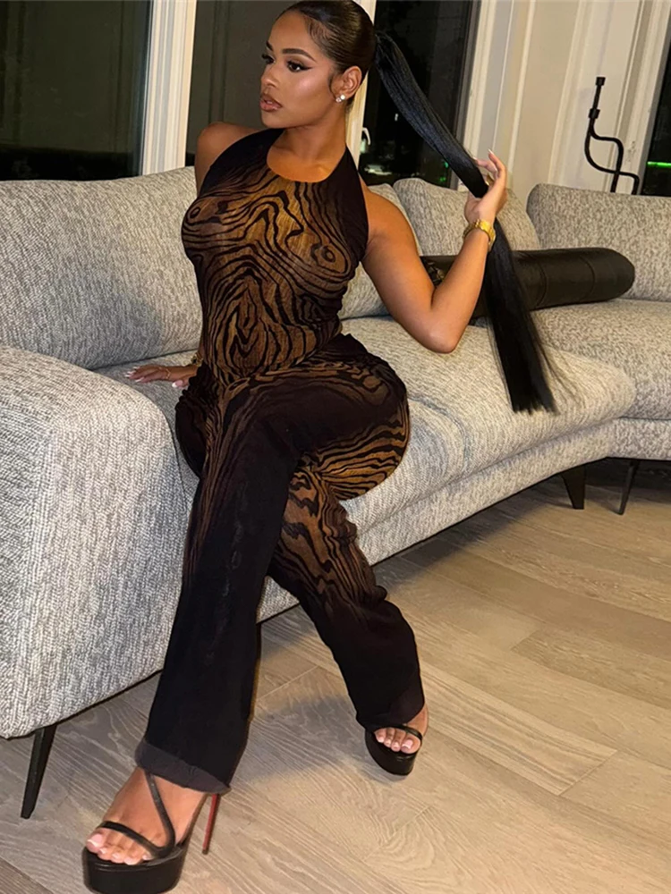Nibber محب شريط طباعة المرأة 2 قطعة مجموعة coquette انظر من خلال كم كامل المحاصيل القمم + السراويل المستقيمة مطابقة مثير كلوبوير