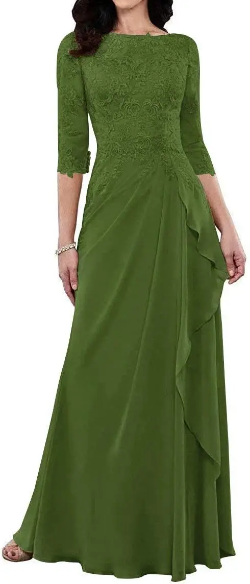 Wedding Mom Dress 3/4 Sleeve Lace Embroidered Lotus Leaf Edge Bridal Mom Dress, Ruffle Long Elegant Formal, Guests Evening Dress