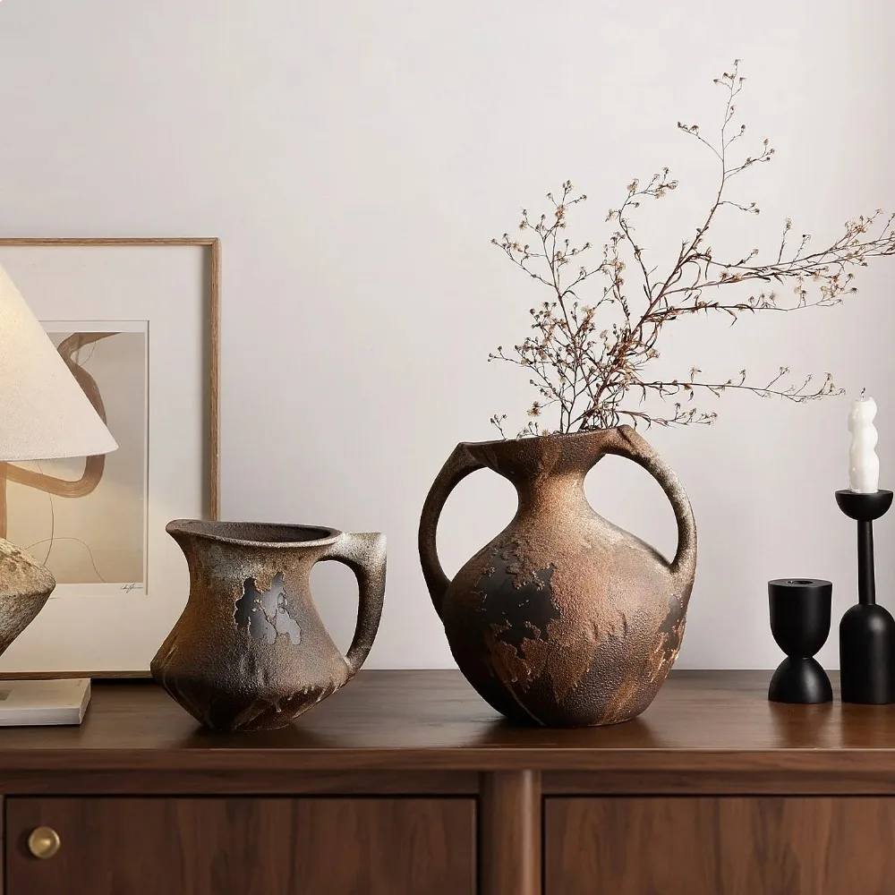 Vintage Jingdezhen Ceramic Wabi-Sabi Vase, Rustic Home Decor for Living Room Hallway Study Farmhouse