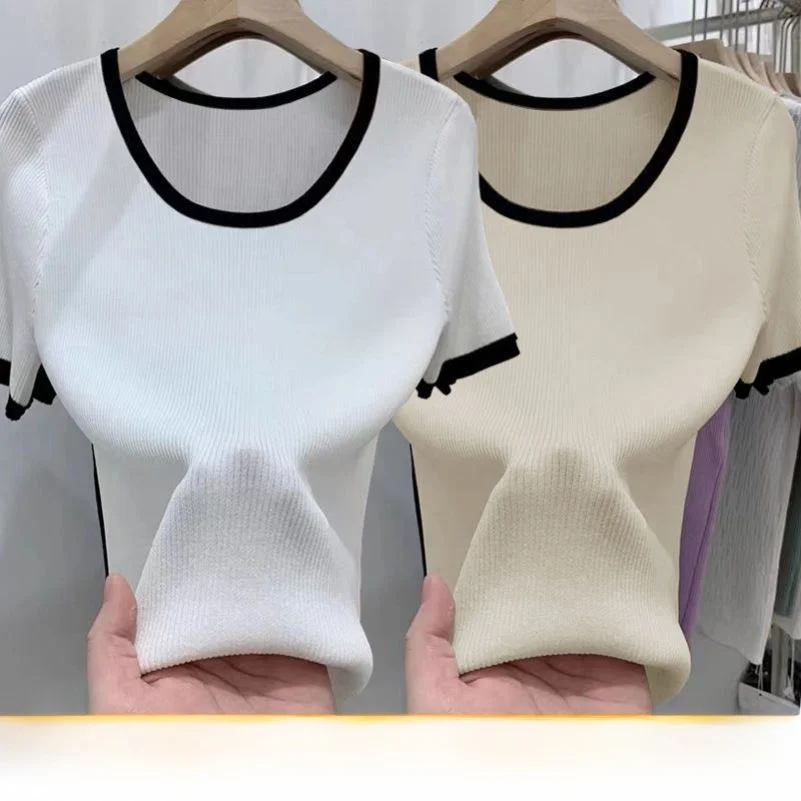 Summer New Ice Silk Thin Women's T-shirt Loose Short Sleeve Candy Color Lazy Style Top Two-Piece Set Comfortable Breathable