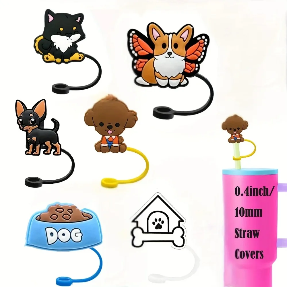 5PCS New Cartoon Dog Silicone Straw Plug 10mm 3D Drinking Straw Dust Cap Dust-proof Splash Proof Straw Tips Cover Party Supplies