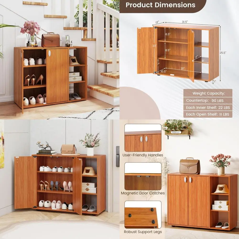 

Трехуровневый регулируемый деревянный шкаф для обуви для прихожей, коридора и гостиной - натуральное покрытие