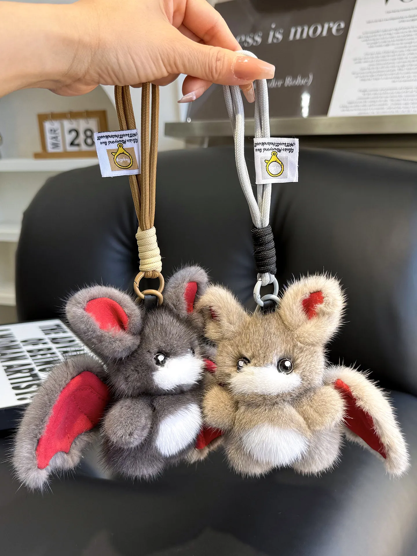 Adorable Devil Bat Fluffy Handbag Charm Real Mink Fur Car Keychain Bag Pendant Doll Hanging Decoration Soft Stuffed Animal Gift