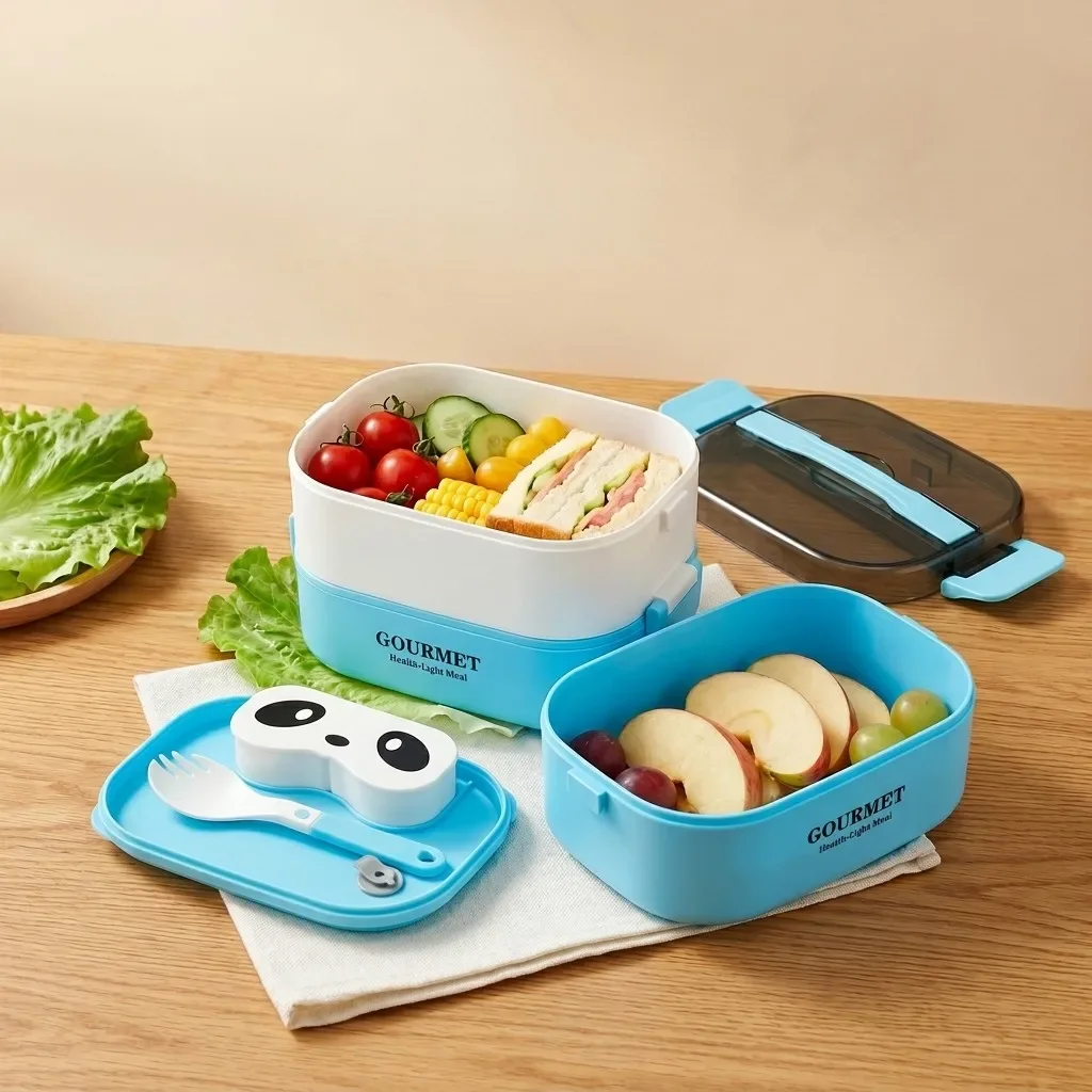 Microwavable Bento Lunch Box Kids BPA Free Plastic Leakproof Meal Prep Food Storage Container 1/2 Layer Handle Cutlery Sauce