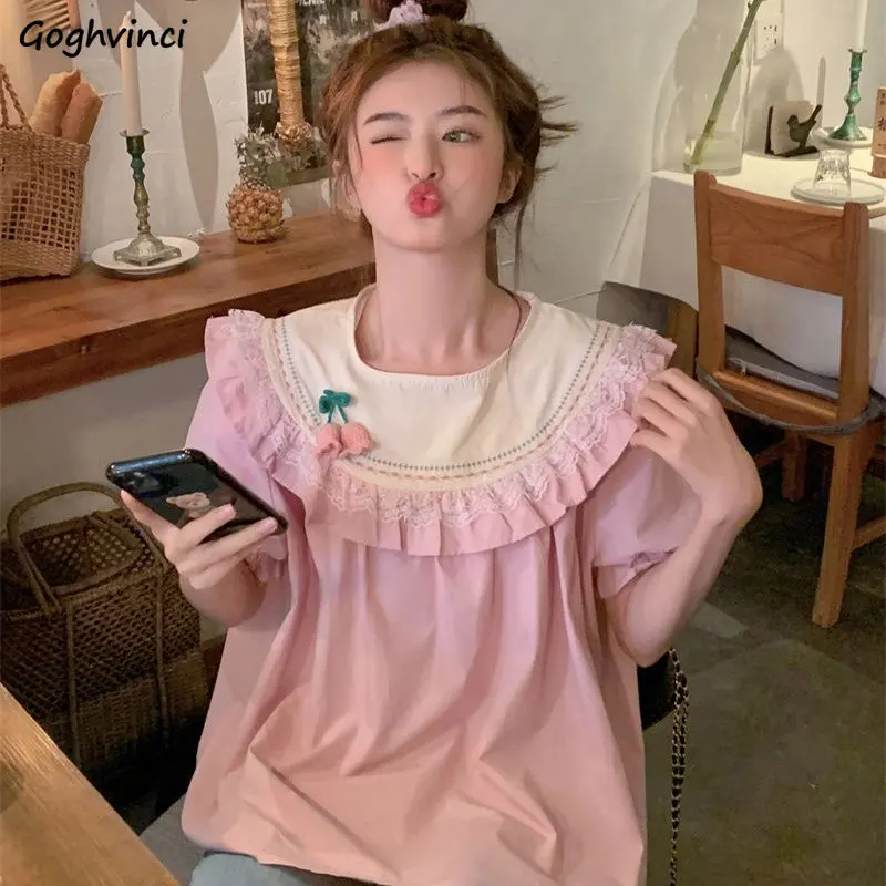 

Blouses Women Kawaii Casual Ruffles Female Summer Preppy Style Age-reducing Ulzzang Harajuku Puff Sleeve Popular Loose All-match