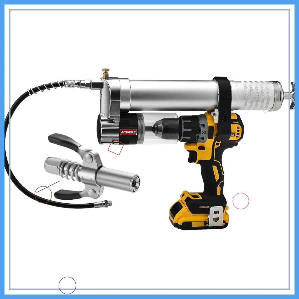 

14 OZ Electric Grease Gun Drill Adapter, Locking Coupler, 12" Hose, Rigid Pipe, Universal Head