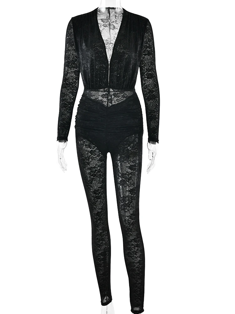 จูลิสซา โม จั๊มสูทผู้หญิง คอวีลึก ผ้าลูกไม้ซีทรู แขนยาว เอวสูง ทรงเข้ารูป สำหรับฤดูใบไม้ผลิ  งานปาร์ตี้  ชุดเที่ยวกลางคืน  สง่างาม  2026