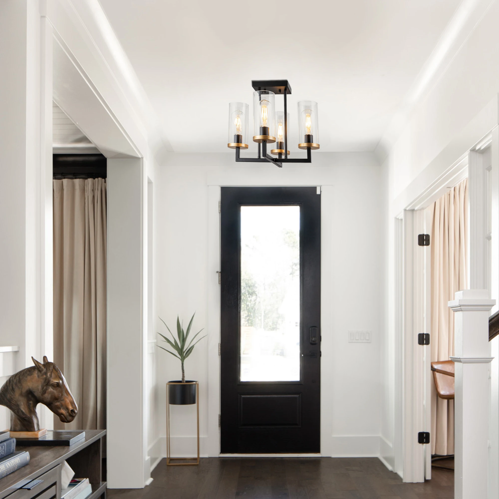 4 Lights Sleek Black Foyer Chandeliers Kitchen Island Pendant Light With Canopy Base For Bedroom Entrance Diningroom