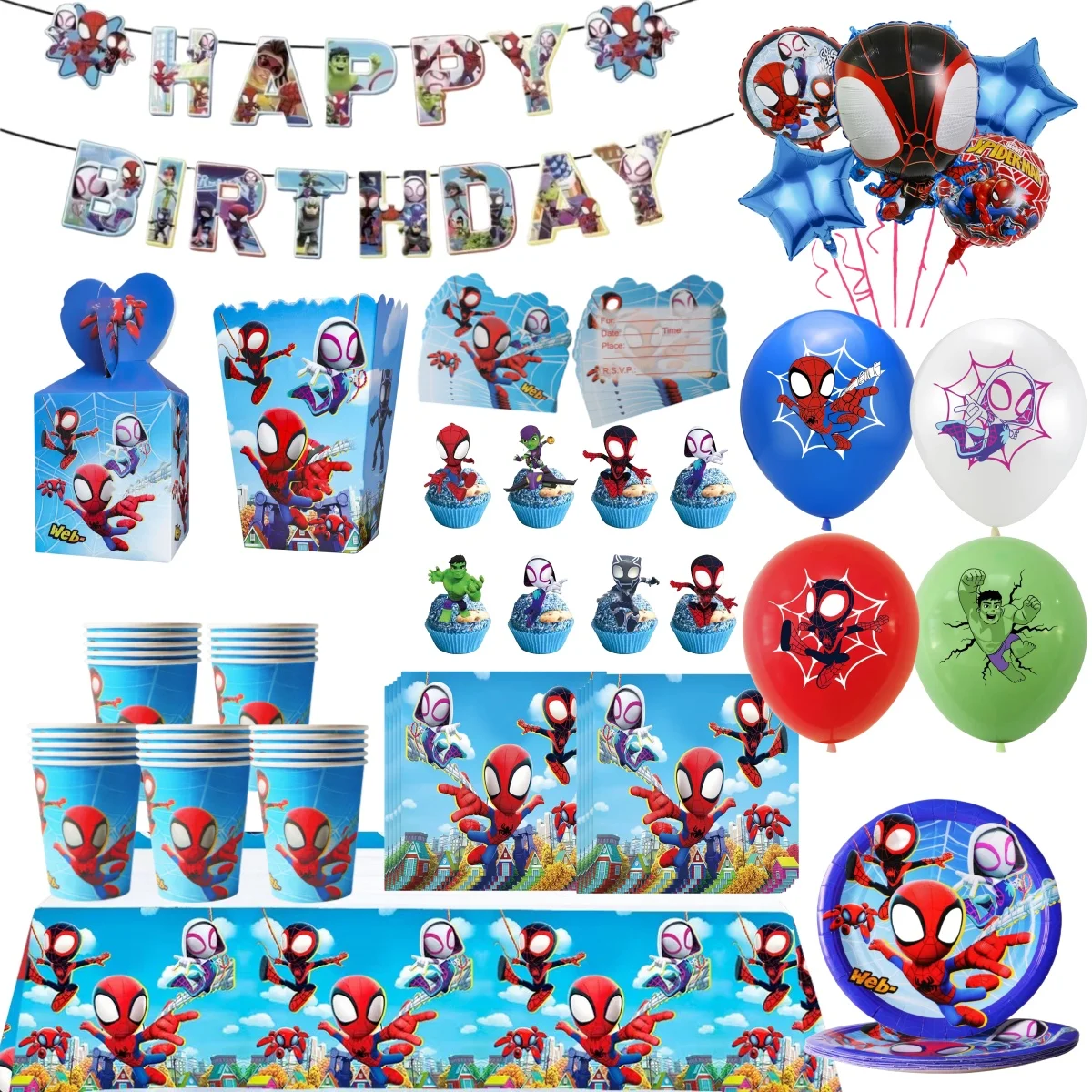 Articles de fête Spider-Man et ses amis extraordinaires, ballon, chapeau, assiette, serviette, bannière, sac cadeau, baby shower