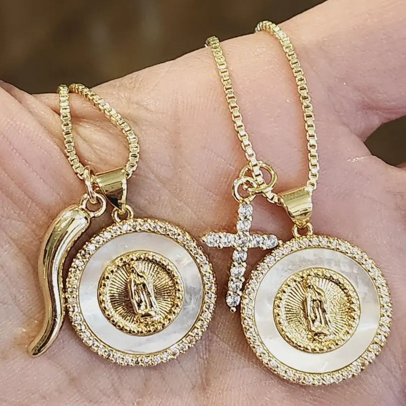 

High Quality Italian Horn Chili Pepper Necklace Zircon Cross the Virgin Mary Talisman Box Chain Necklace for Women Gifts