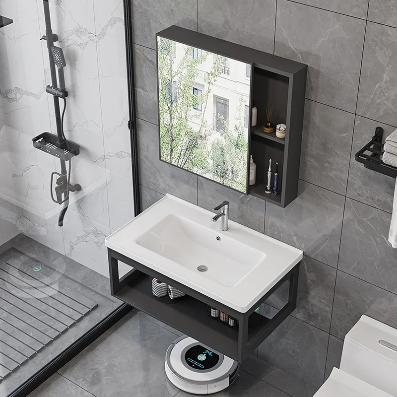 Modern Home Wash Basin Cabinet Factory Direct Sale Space Aluminum Alloy Waterproof for Bathroom Vanity with Ceramic Basinpromote