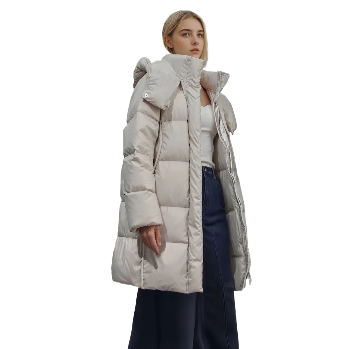 2025 Winter New Women's Down Jacket Commuter Hooded Straight Tube Parker White Duck Down Jacket